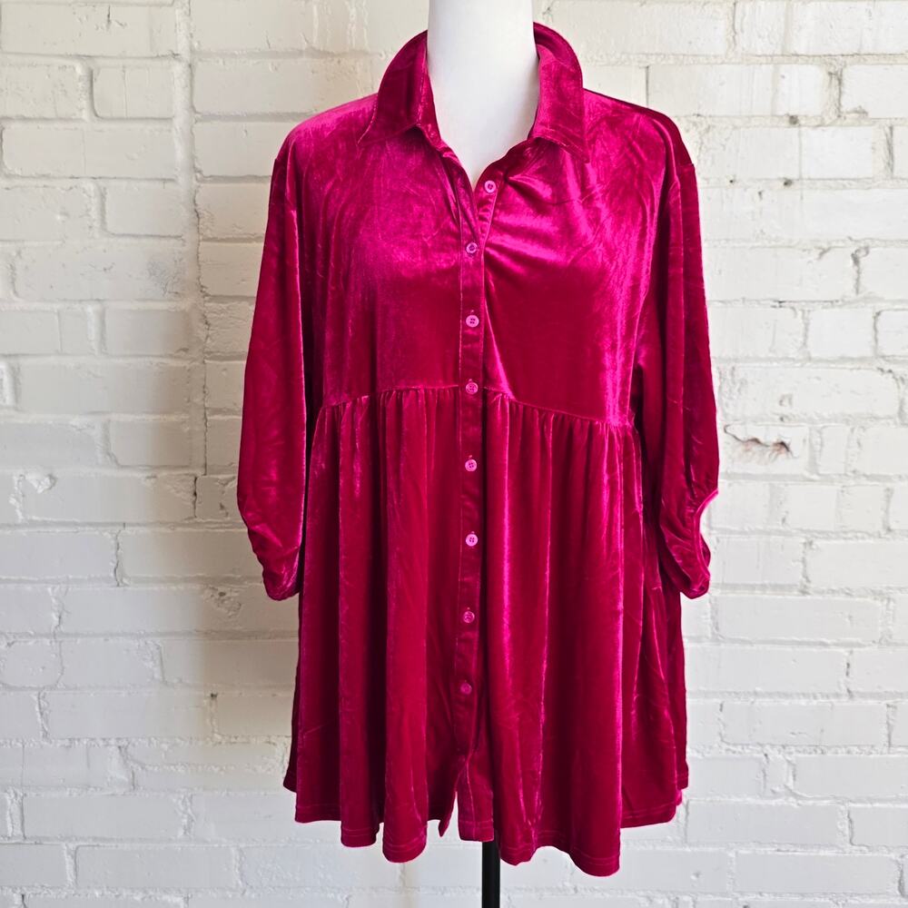 NWT Umgee Hot Pink Magenta Velvet Tiered Babydoll Tunic High Low Holiday Glam